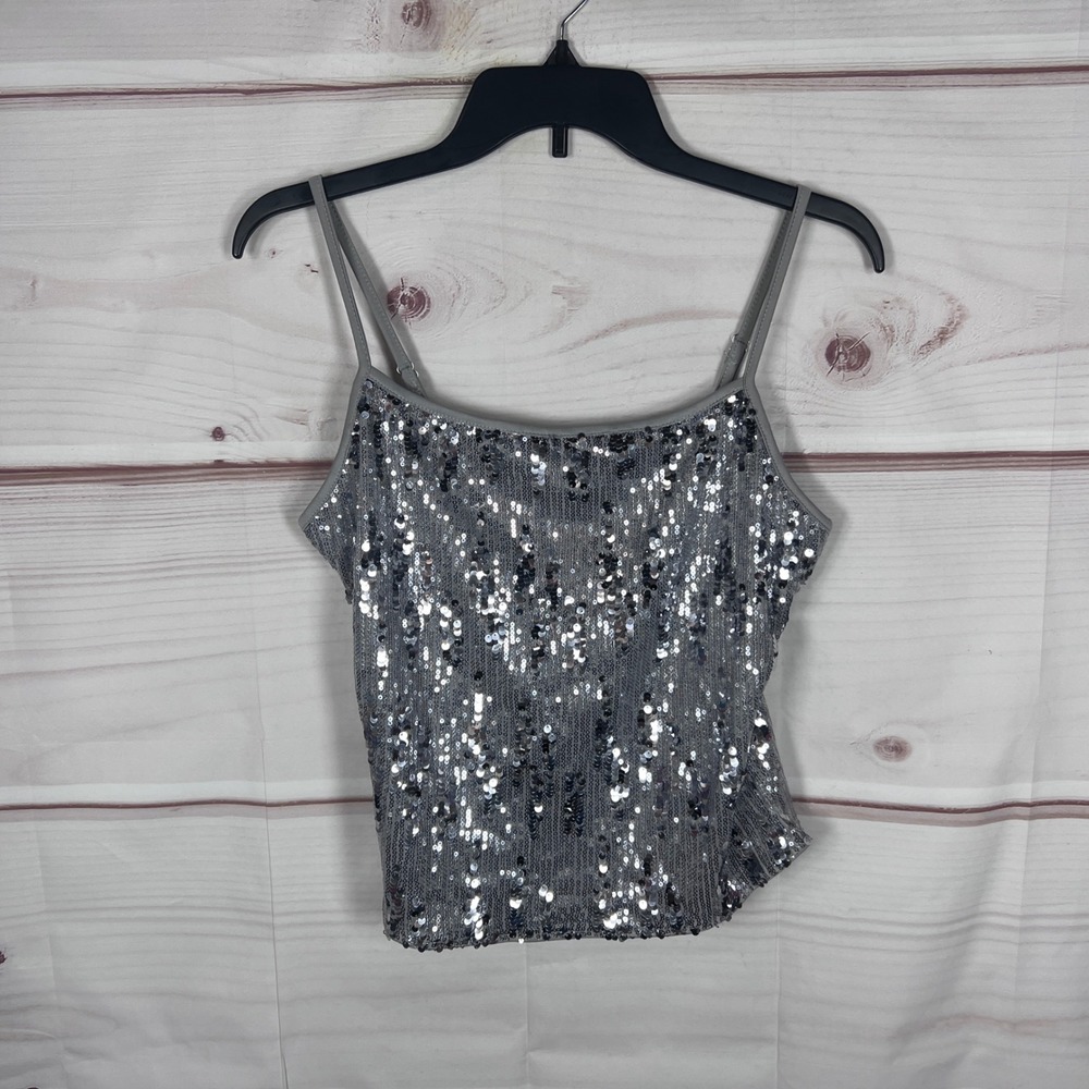 Unbranded Sequin Cami Top Women Large Silver Tank Party Clubwear Straps Cropped
